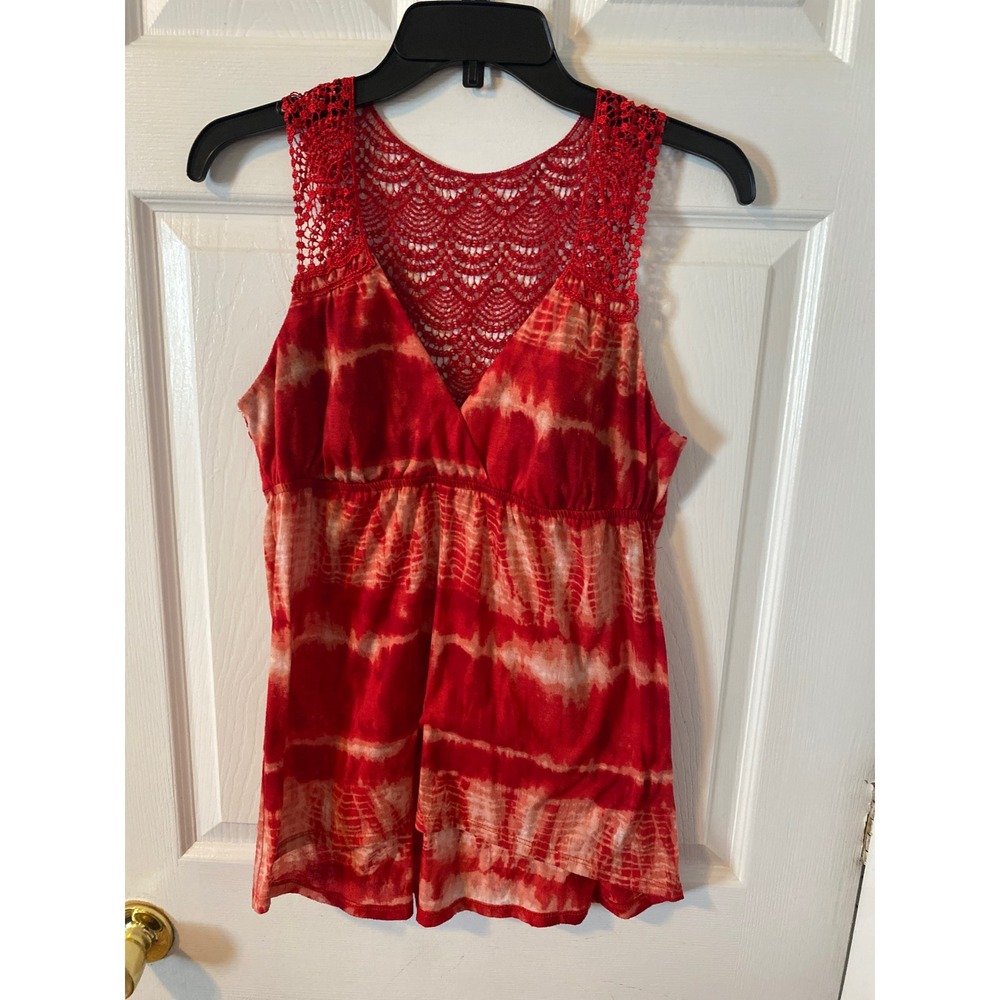 No Boundaries Red Tie Dye Crochet Lace Back Empire Waist Tank Top Junior L 11-13